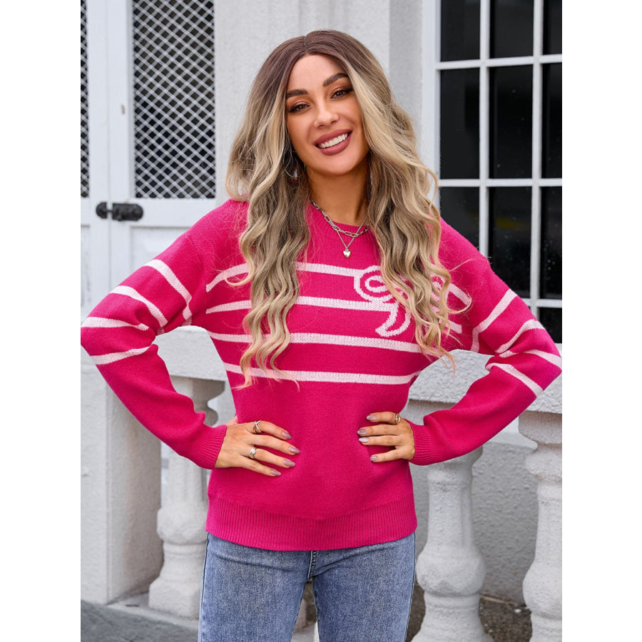 Striped Round Neck Long Sleeve Sweater Deep Rose / S Apparel and Accessories