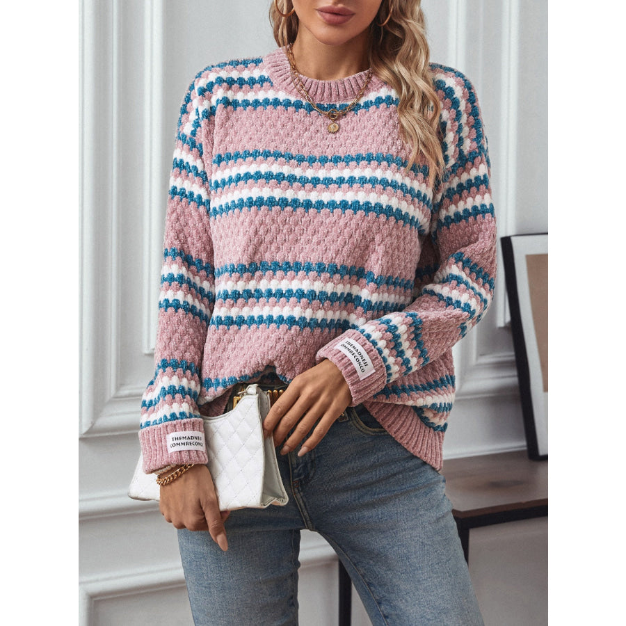 Striped Round Neck Long Sleeve Sweater Dusty Pink / S Apparel and Accessories