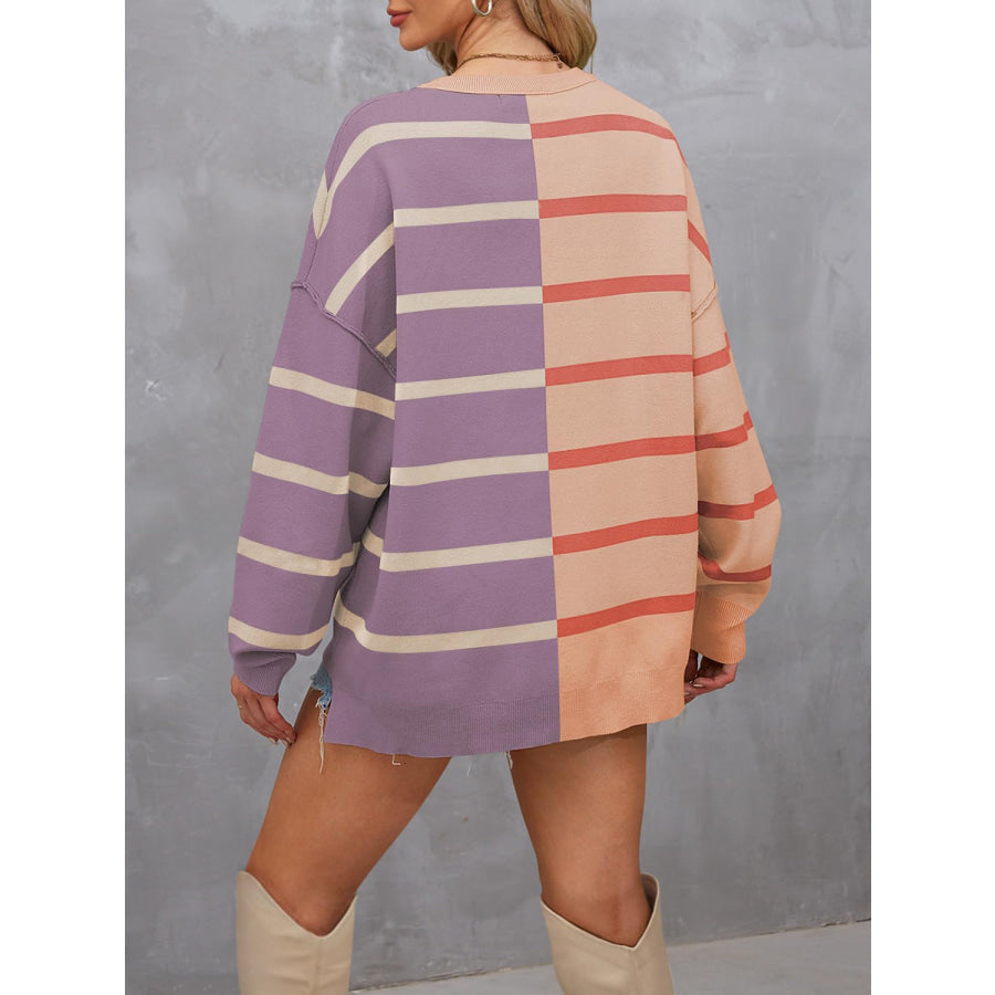 Striped Round Neck Long Sleeve Sweater Dusty Pink / S Apparel and Accessories