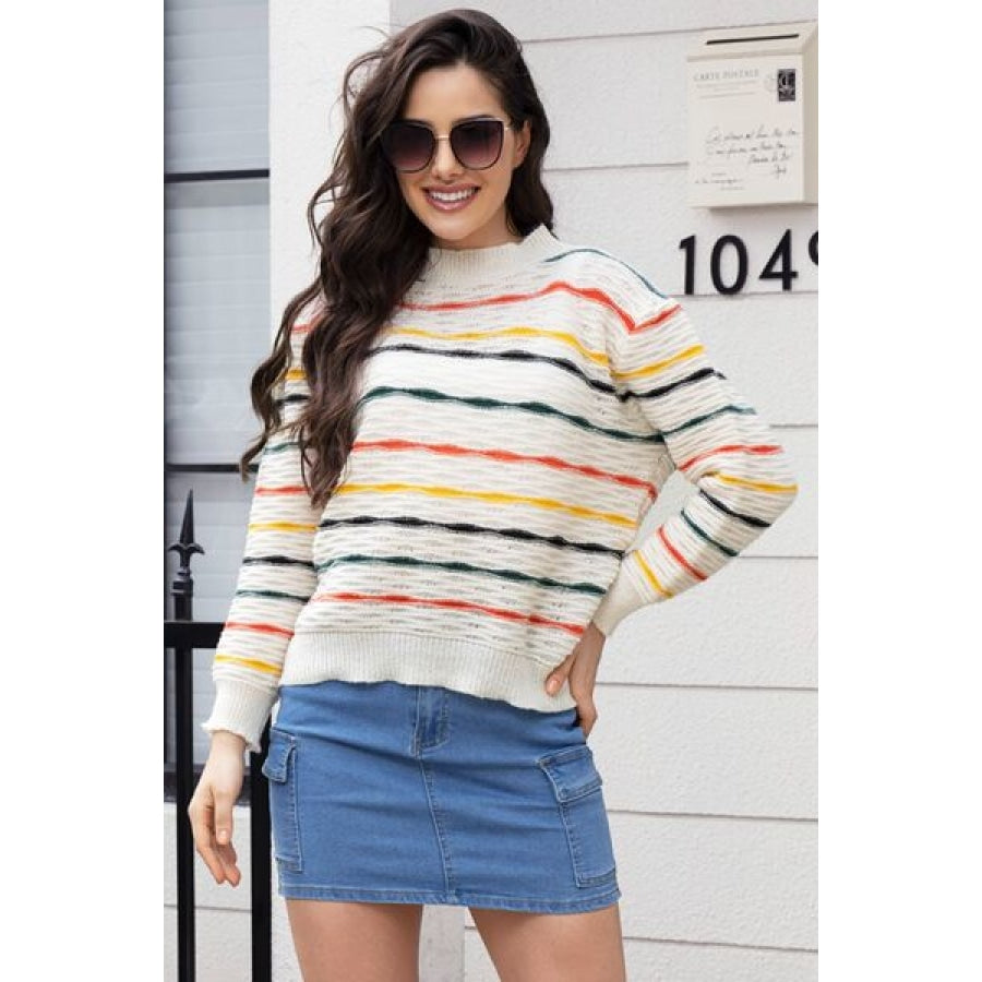 Striped Round Neck Long Sleeve Sweater Floral / S Clothing