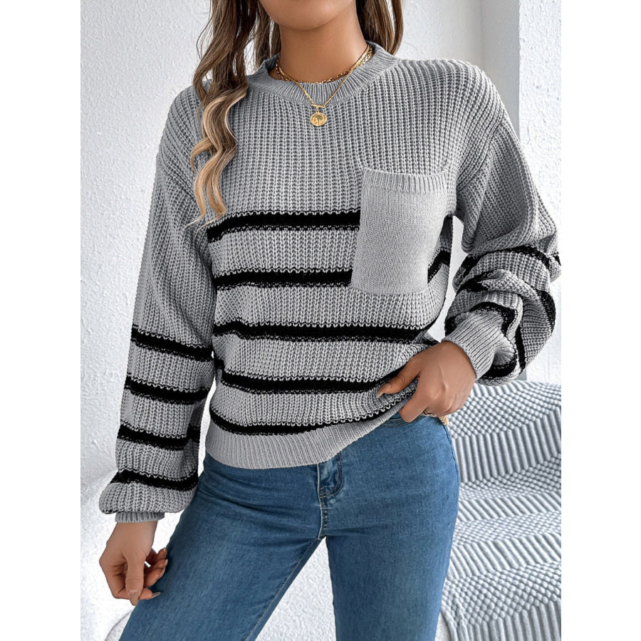 Striped Round Neck Long Sleeve Sweater Gray / S Apparel and Accessories
