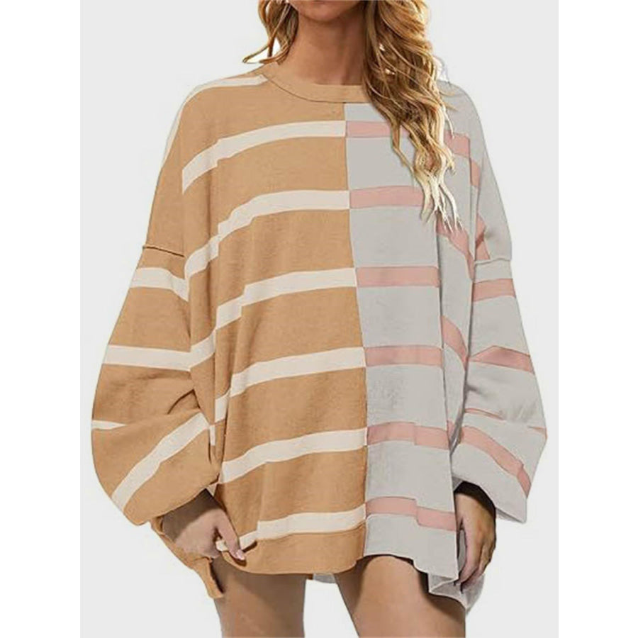 Striped Round Neck Long Sleeve Sweater Gray / S Apparel and Accessories