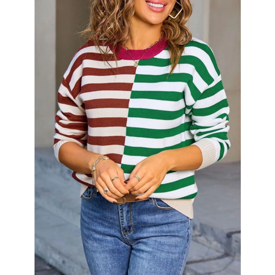 Striped Round Neck Long Sleeve Sweater Green / S Apparel and Accessories