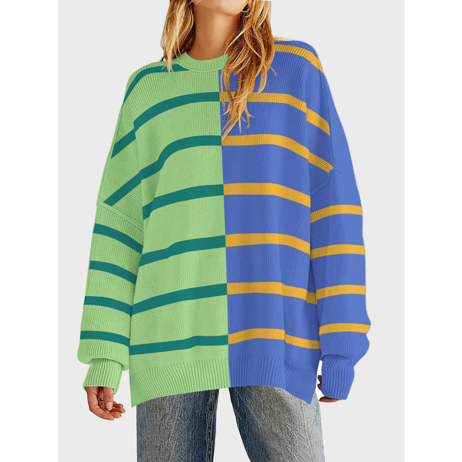 Striped Round Neck Long Sleeve Sweater Green / S Apparel and Accessories