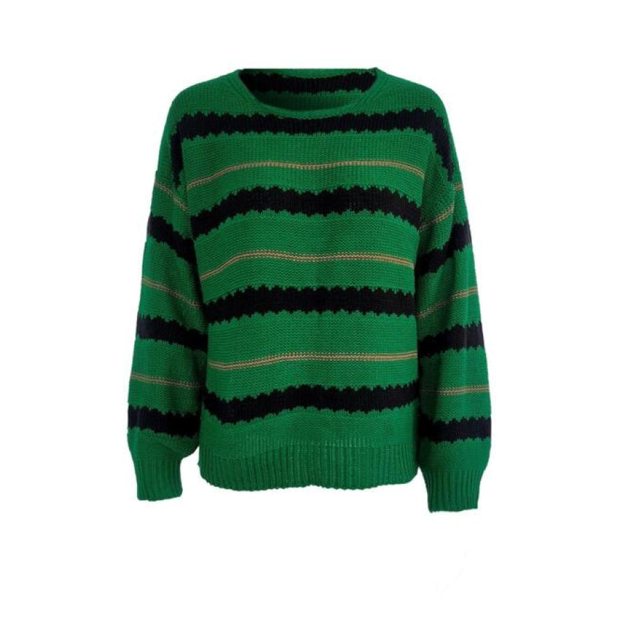 Striped Round Neck Long Sleeve Sweater Green / S