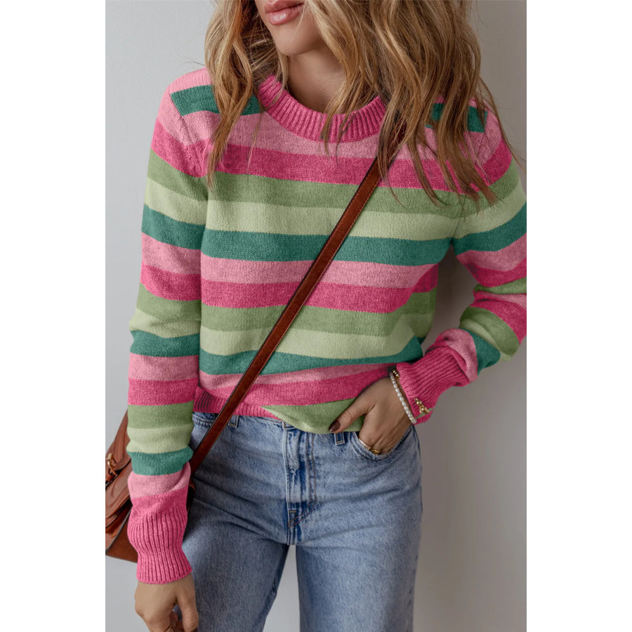 Striped Round Neck Long Sleeve Sweater Gum Leaf / M Apparel and Accessories