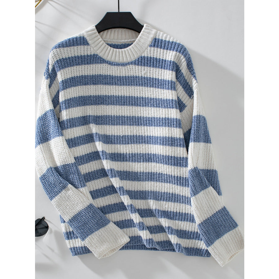 Striped Round Neck Long Sleeve Sweater Light Blue / S Apparel and Accessories