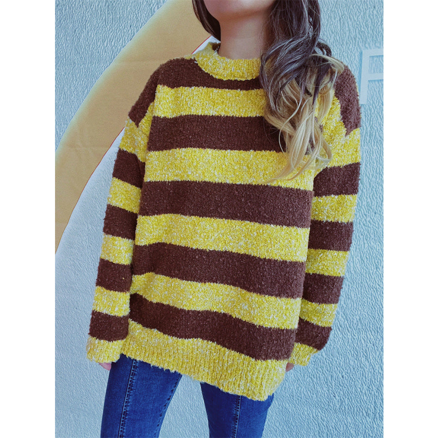 Striped Round Neck Long Sleeve Sweater Light Yellow / One Size Apparel and Accessories