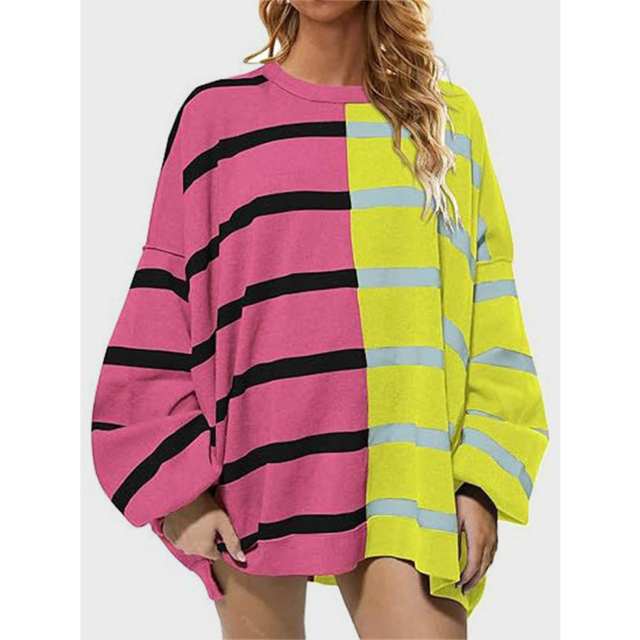 Striped Round Neck Long Sleeve Sweater Lime / S Apparel and Accessories