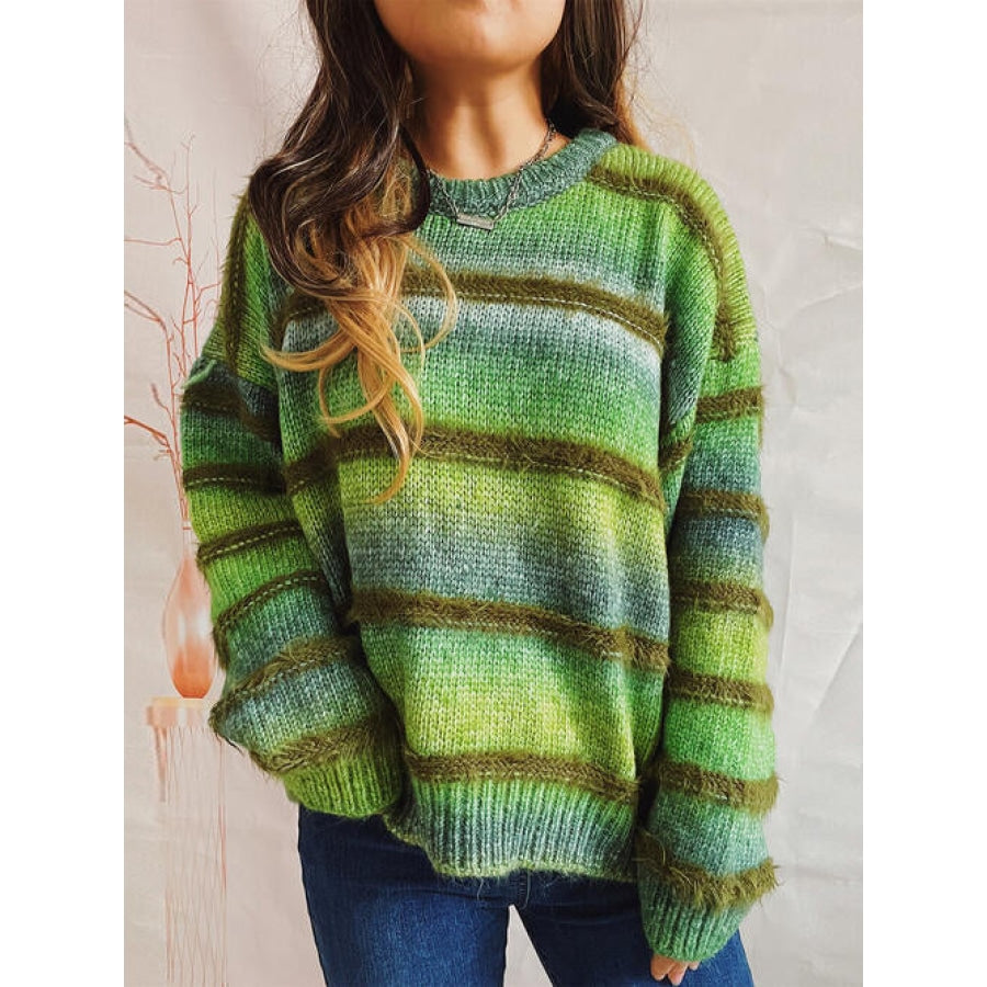 Striped Round Neck Long Sleeve Sweater Mid Green / One Size Clothing