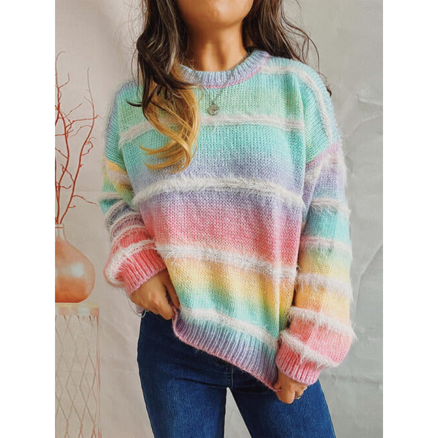 Striped Round Neck Long Sleeve Sweater Multicolor / One Size Clothing