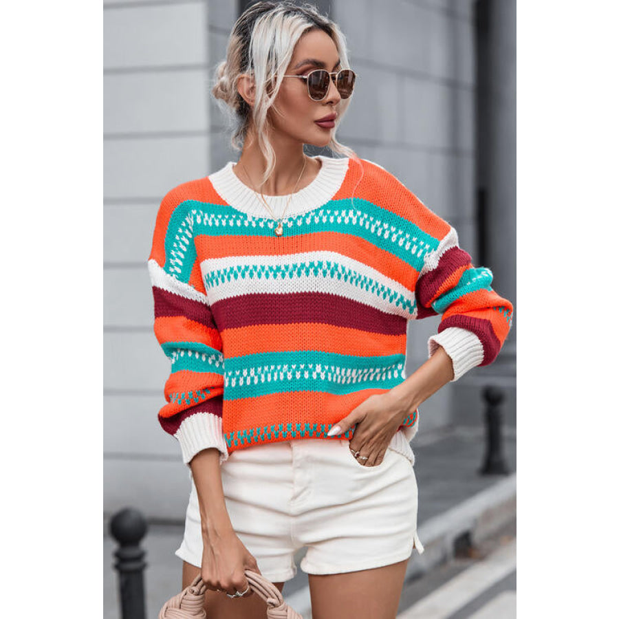 Striped Round Neck Long Sleeve Sweater Multicolor / S Shirts &amp; Tops