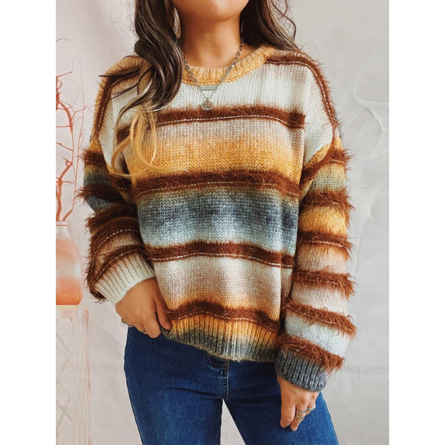 Striped Round Neck Long Sleeve Sweater Ochre / One Size Clothing