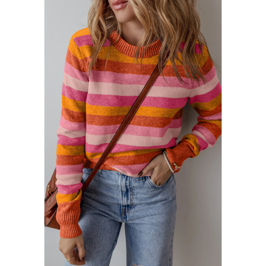 Striped Round Neck Long Sleeve Sweater Orange / M Apparel and Accessories