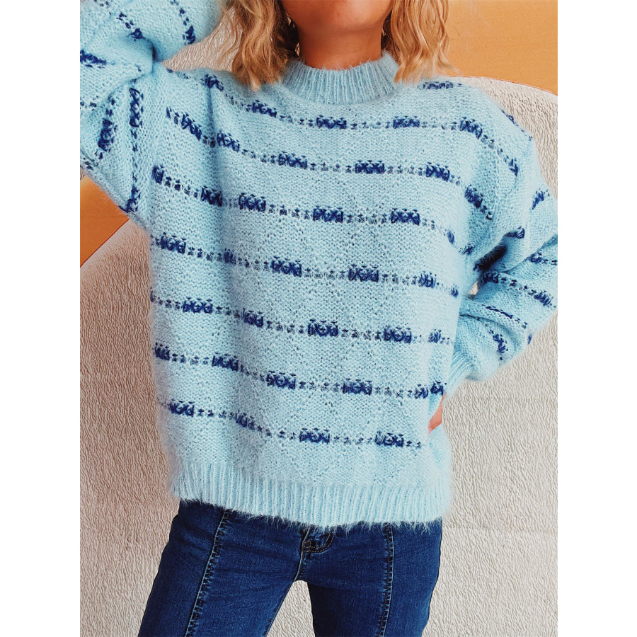 Striped Round Neck Long Sleeve Sweater Pastel Blue / One Size Apparel and Accessories