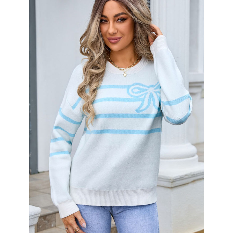 Striped Round Neck Long Sleeve Sweater Pastel Blue / S Apparel and Accessories