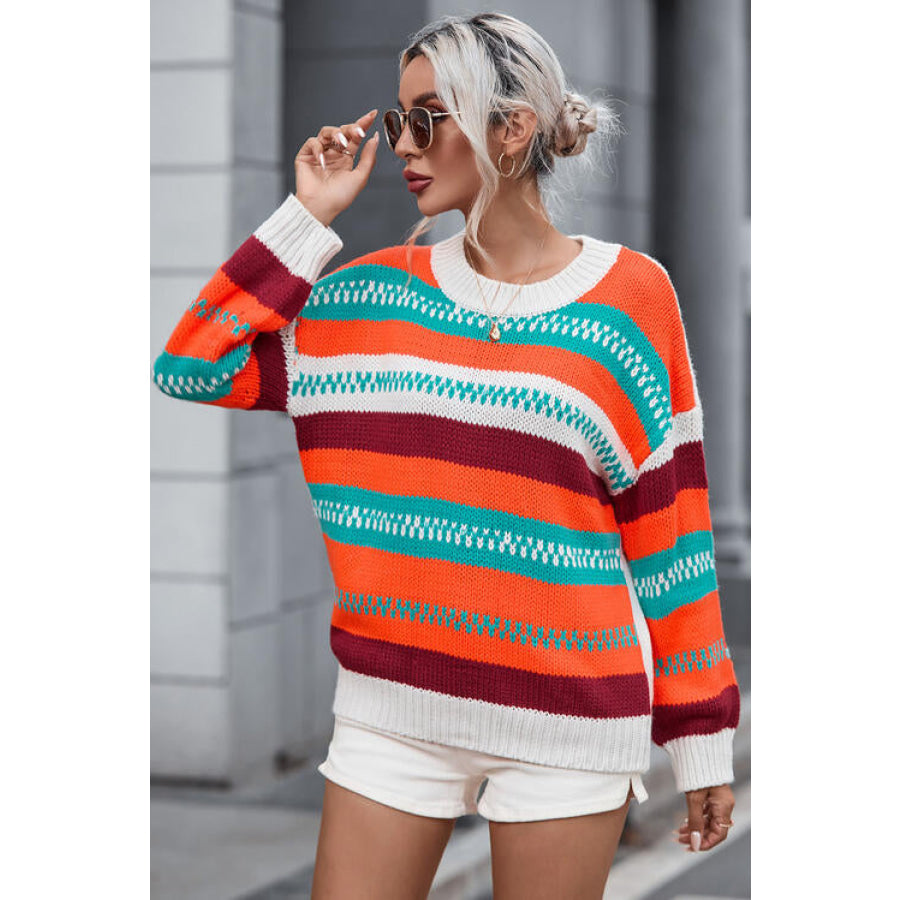 Striped Round Neck Long Sleeve Sweater Shirts &amp; Tops