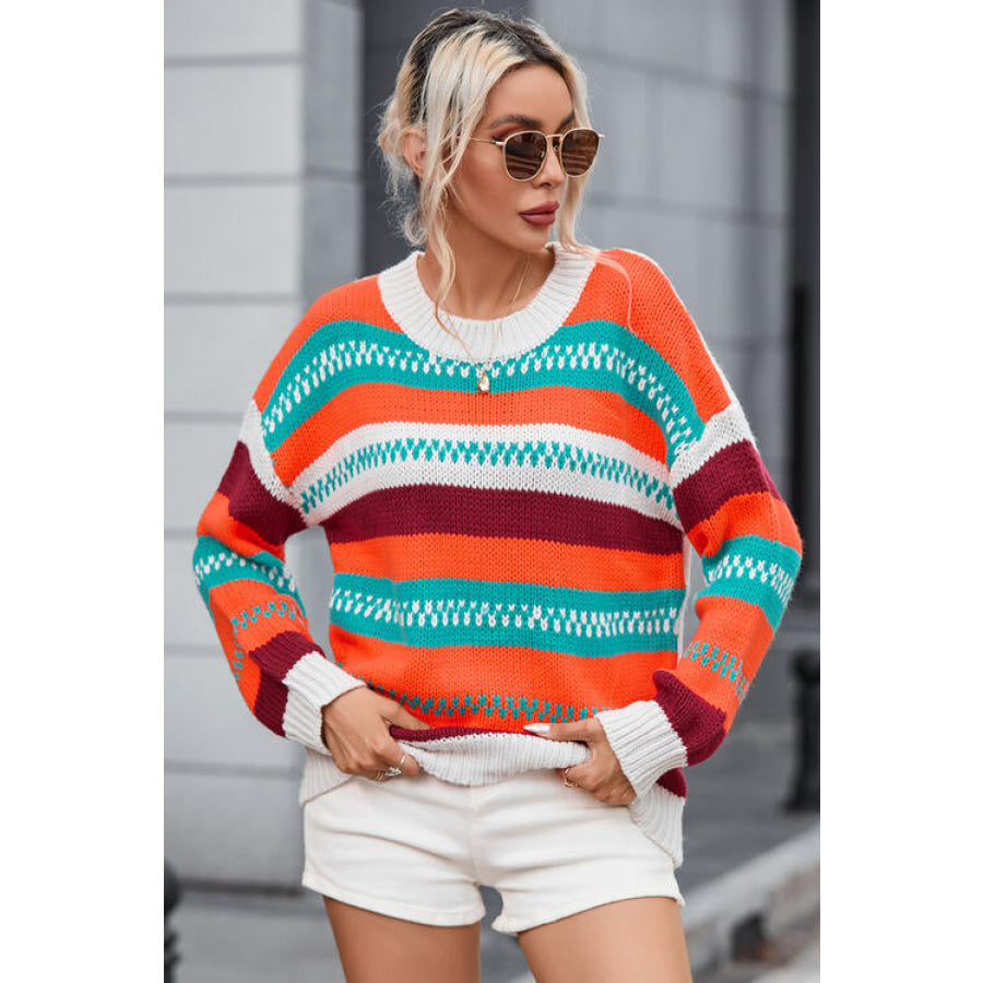 Striped Round Neck Long Sleeve Sweater Shirts &amp; Tops