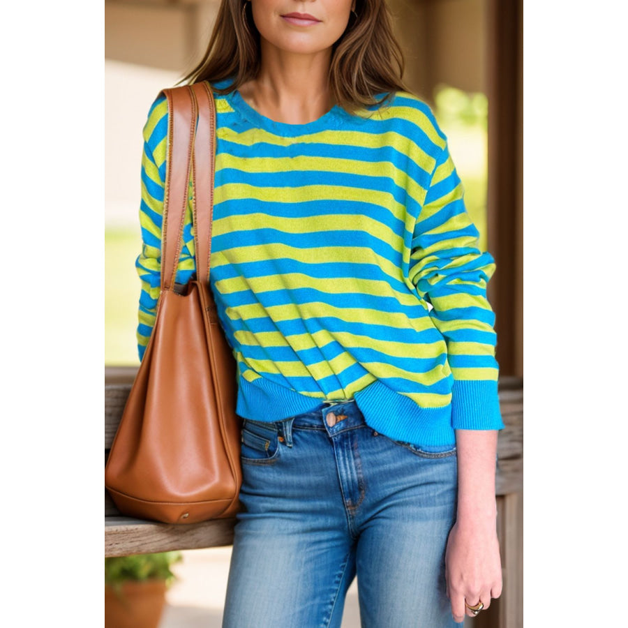 Striped Round Neck Long Sleeve Sweater Sky Blue / S Apparel and Accessories