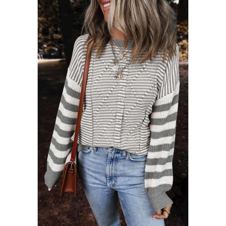 Striped Round Neck Long Sleeve Sweater Stripe / S Apparel and Accessories