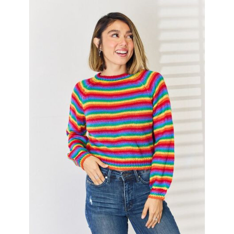 Striped Round Neck Long Sleeve Sweater Stripe / S Apparel and Accessories