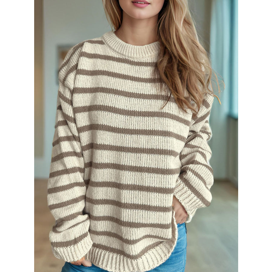 Striped Round Neck Long Sleeve Sweater Tan / One Size Apparel and Accessories