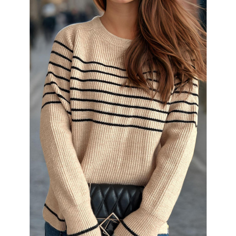 Striped Round Neck Long Sleeve Sweater Tan / One Size Apparel and Accessories