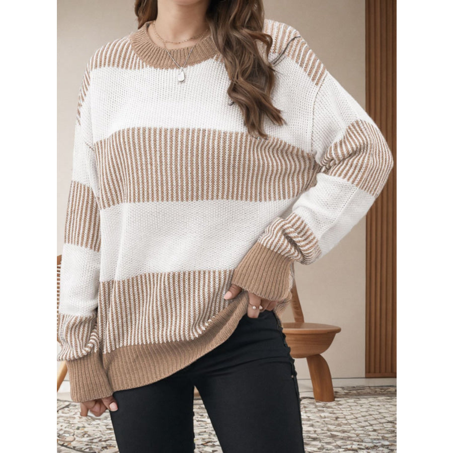 Striped Round Neck Long Sleeve Sweater Tan / S Apparel and Accessories