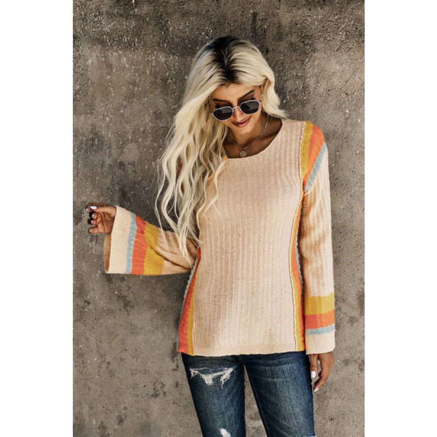 Striped Round Neck Long Sleeve Sweater Tan / S Apparel and Accessories