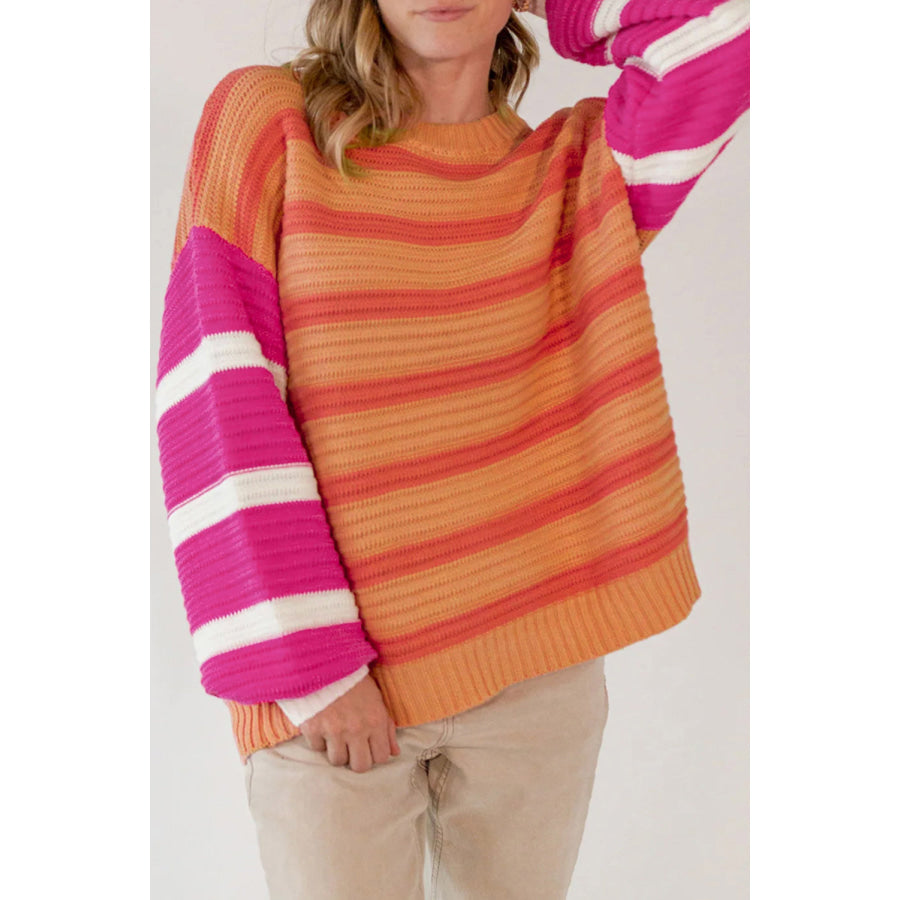 Striped Round Neck Long Sleeve Sweater Tangerine / S Apparel and Accessories