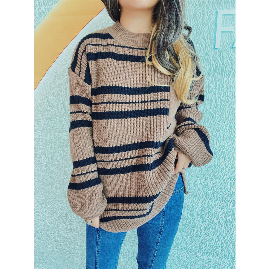 Striped Round Neck Long Sleeve Sweater Taupe / One Size Apparel and Accessories