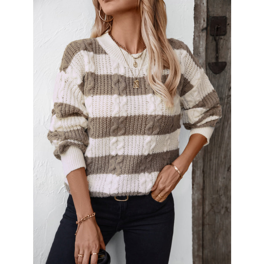 Striped Round Neck Long Sleeve Sweater Taupe / S Apparel and Accessories