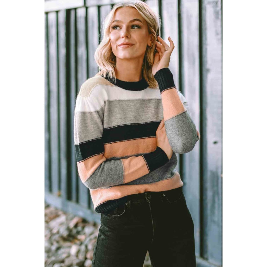 Striped Round Neck Long Sleeve Sweater