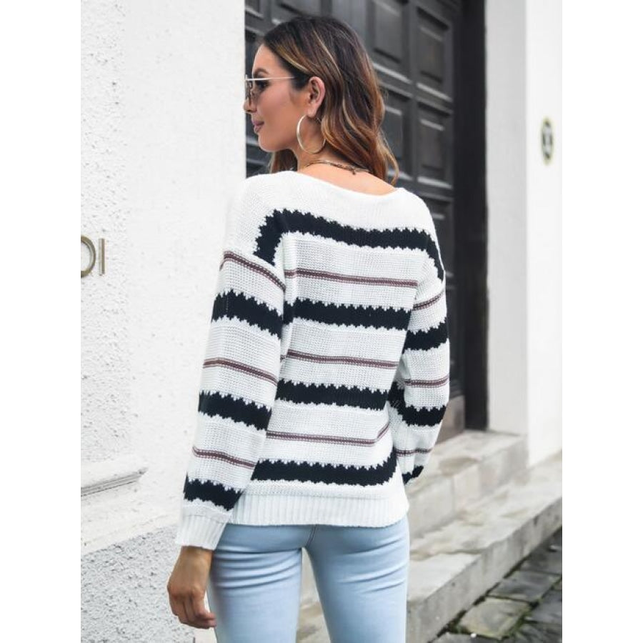 Striped Round Neck Long Sleeve Sweater White / S