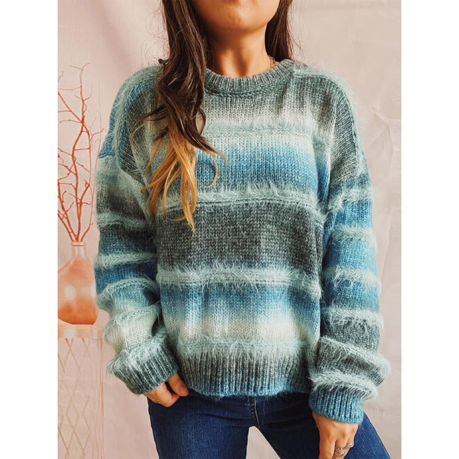 Striped Round Neck Long Sleeve Sweater Turquoise / One Size Clothing