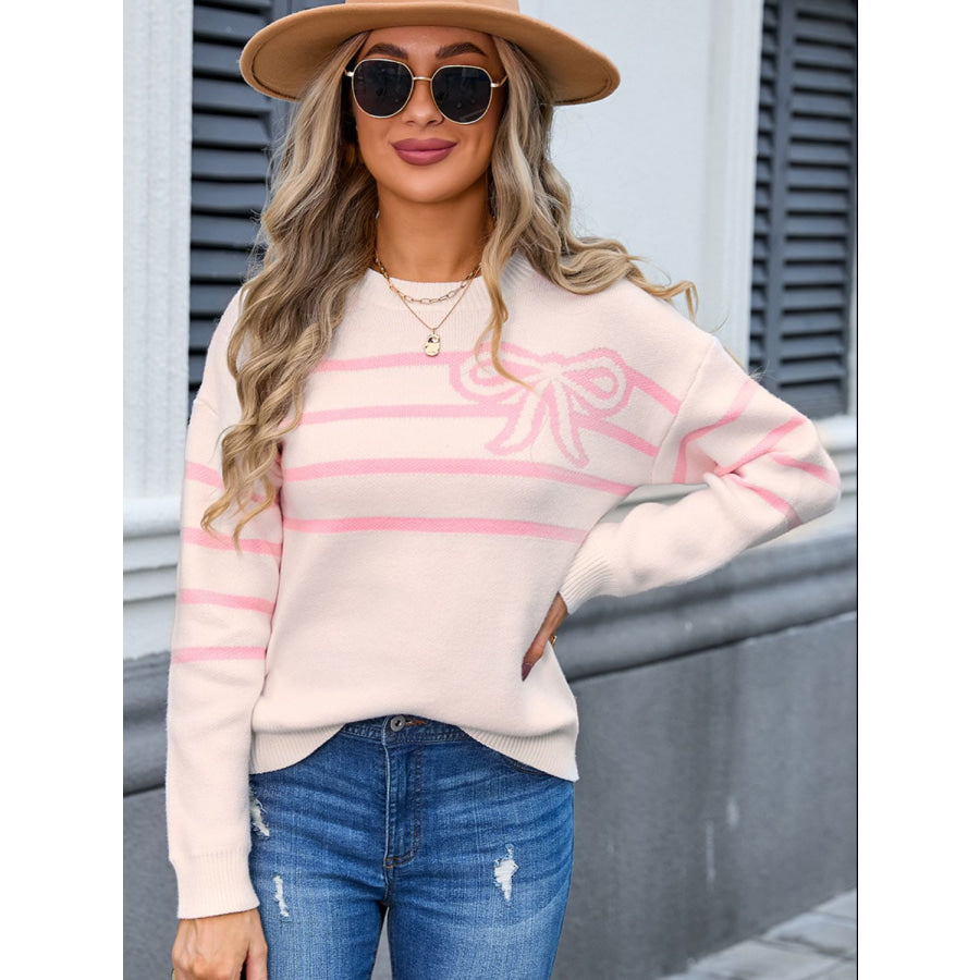 Striped Round Neck Long Sleeve Sweater Watermelon pink / S Apparel and Accessories