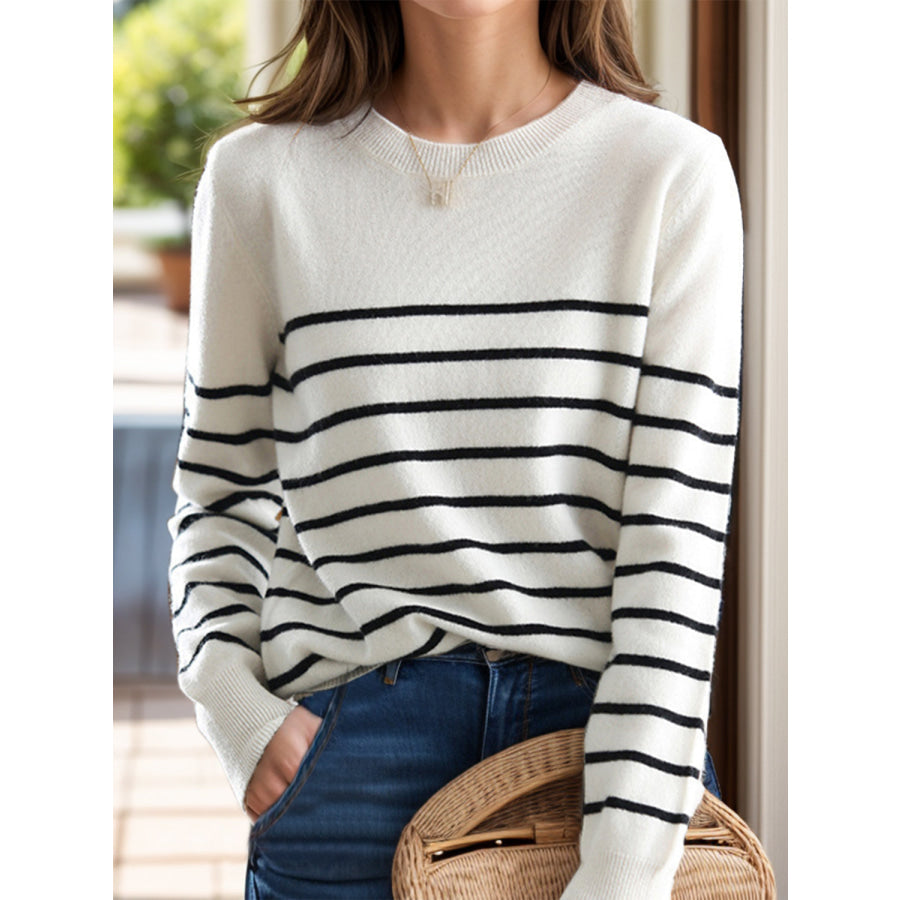 Striped Round Neck Long Sleeve Sweater White / One Size Apparel and Accessories