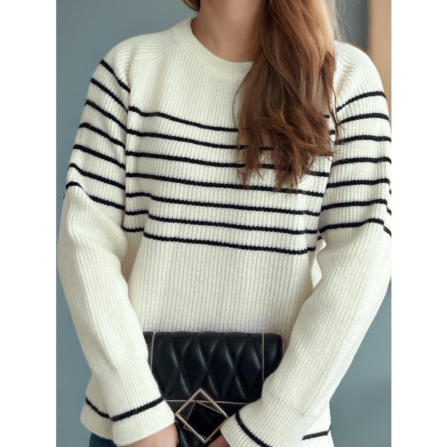 Striped Round Neck Long Sleeve Sweater White / One Size Apparel and Accessories