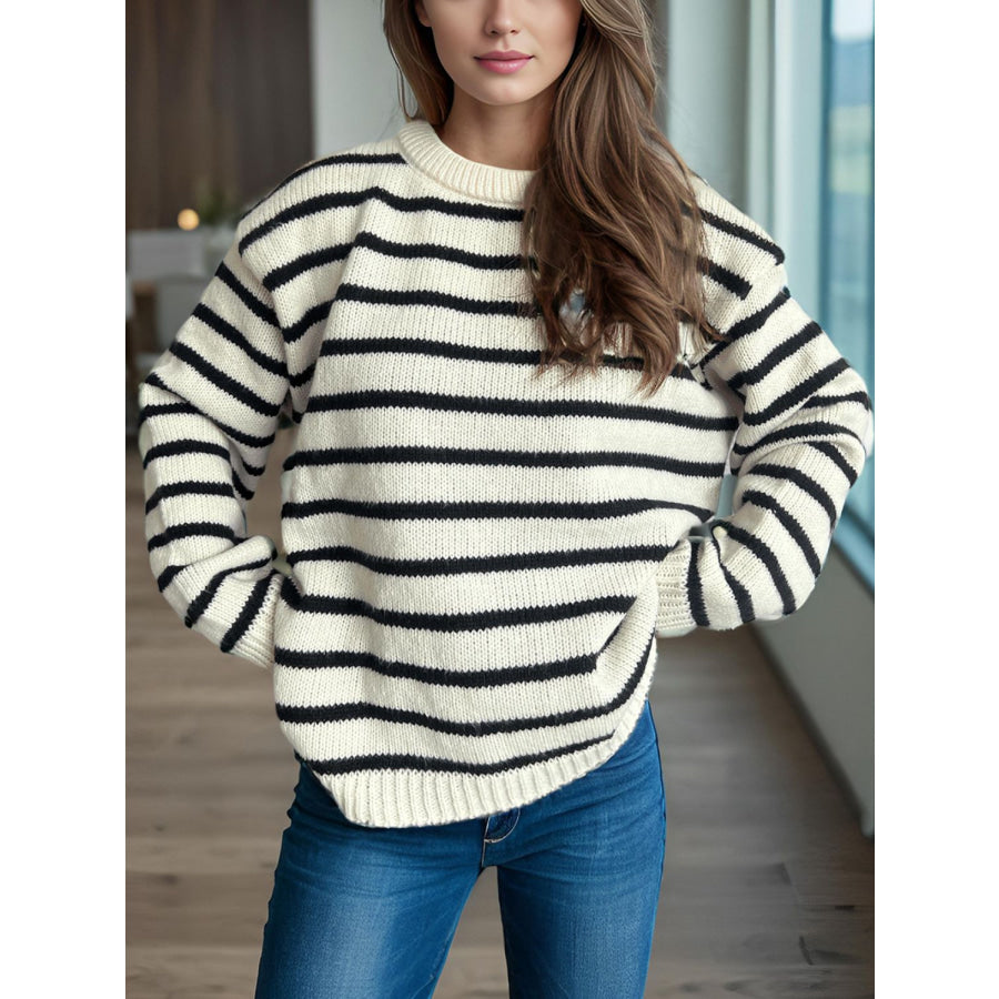 Striped Round Neck Long Sleeve Sweater White / One Size Apparel and Accessories