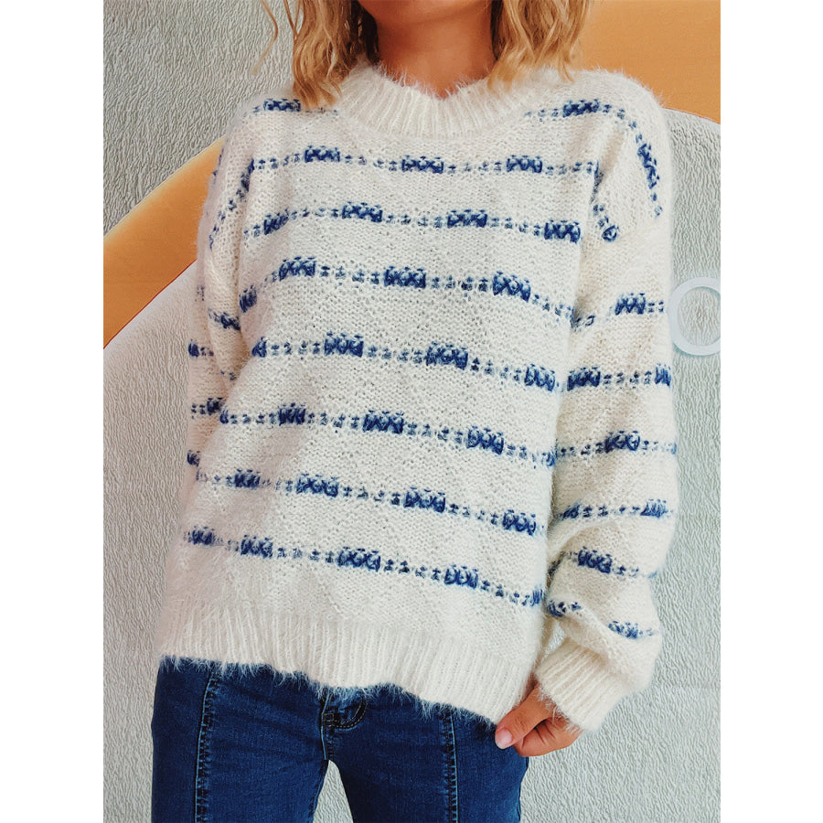 Striped Round Neck Long Sleeve Sweater White / One Size Apparel and Accessories