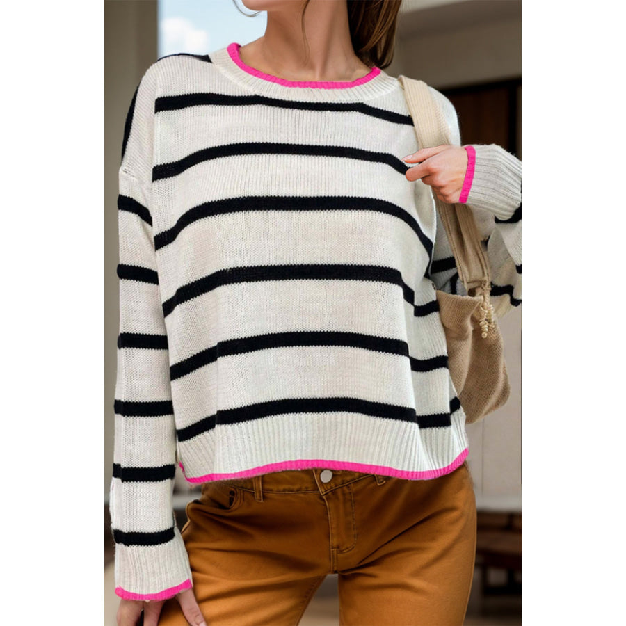 Striped Round Neck Long Sleeve Sweater White / S Apparel and Accessories