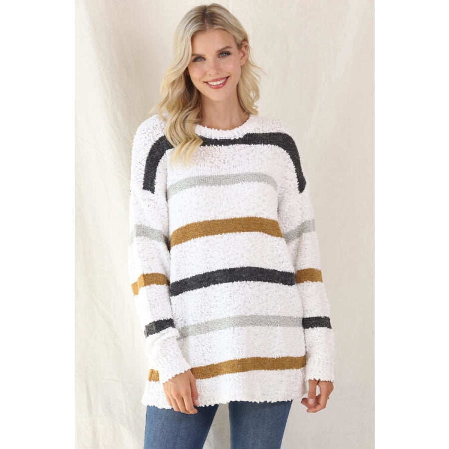 Striped Round Neck Long Sleeve Sweater White / S Clothing