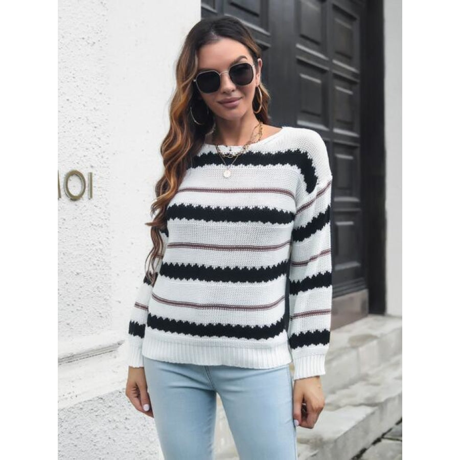 Striped Round Neck Long Sleeve Sweater White / S