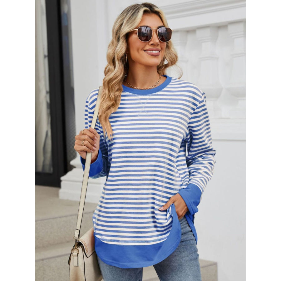 Striped Round Neck Long Sleeve Sweatshirt Apparel and Accessories