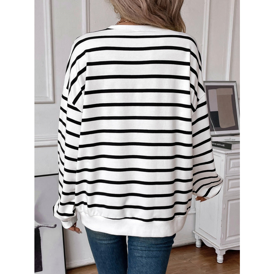 Striped Round Neck Long Sleeve Sweatshirt White / S Apparel and Accessories