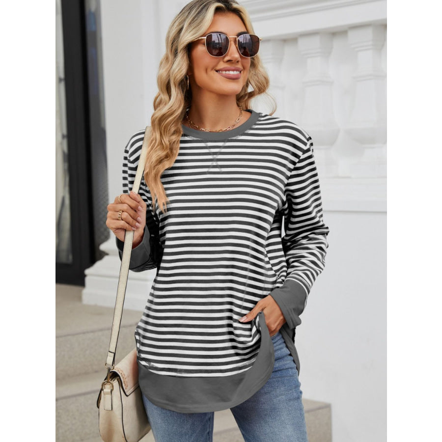 Striped Round Neck Long Sleeve Sweatshirt Apparel and Accessories