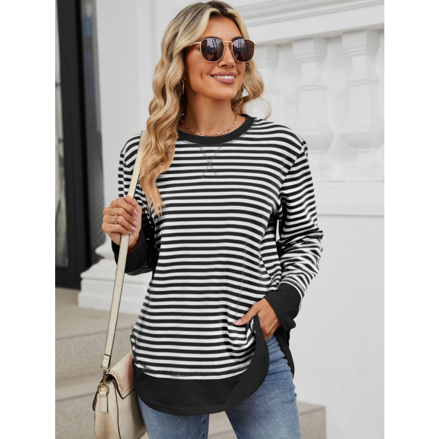 Striped Round Neck Long Sleeve Sweatshirt Apparel and Accessories