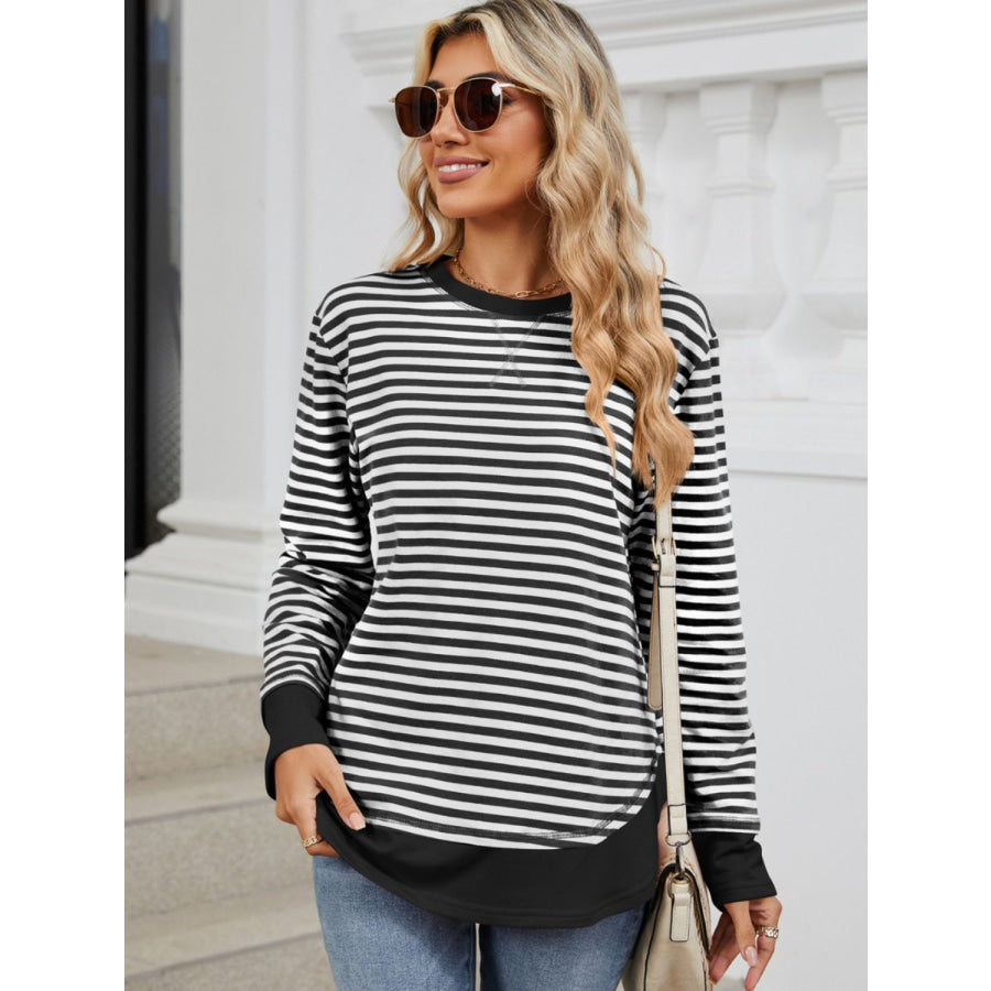 Striped Round Neck Long Sleeve Sweatshirt Apparel and Accessories