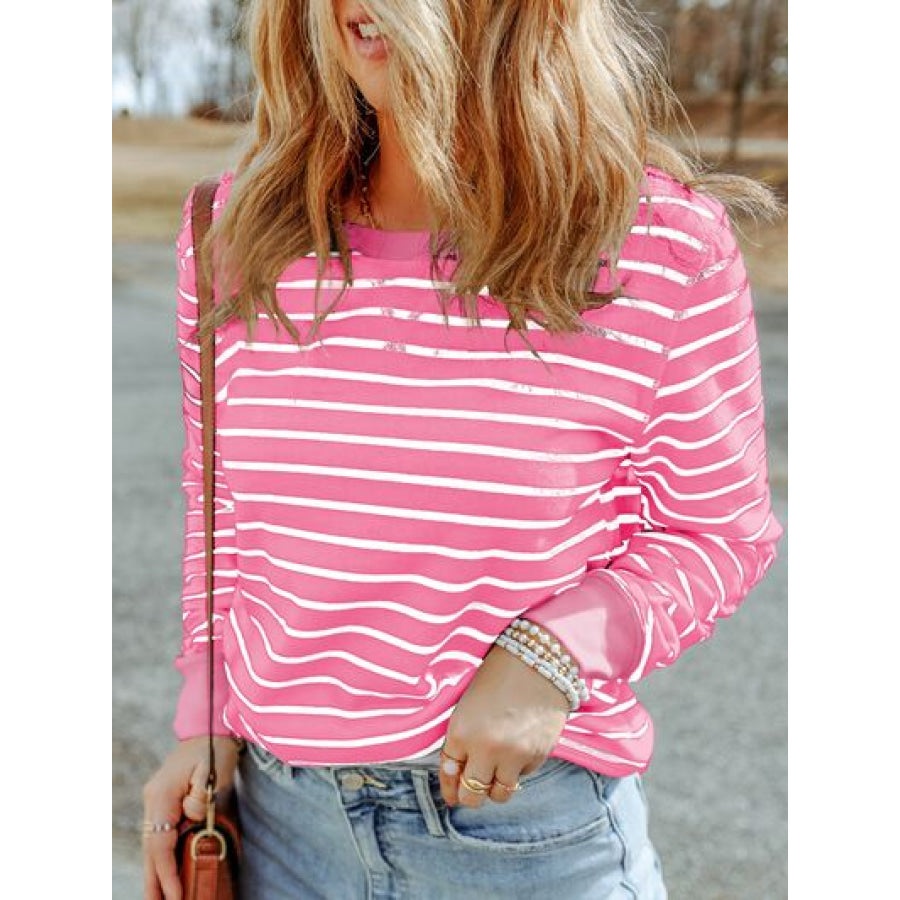 Striped Round Neck Long Sleeve Sweatshirt Apparel and Accessories