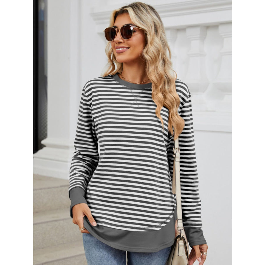 Striped Round Neck Long Sleeve Sweatshirt Apparel and Accessories